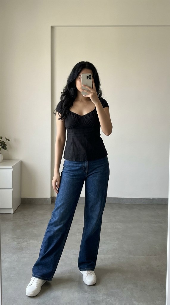 Casual outfit with black top and denim jeans