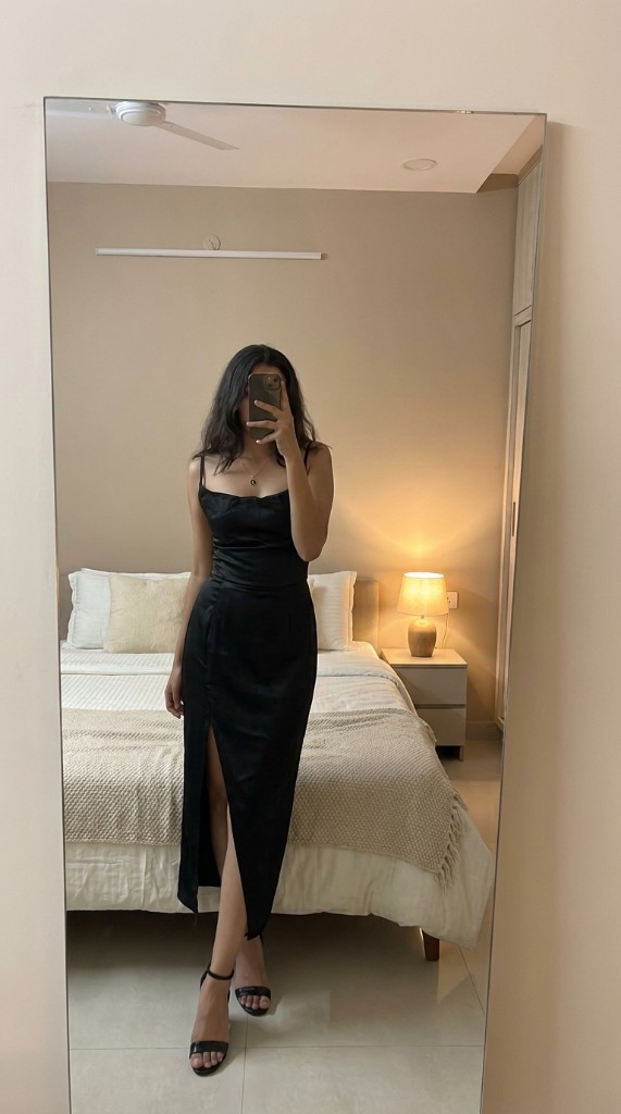 Black dress with slit and heels