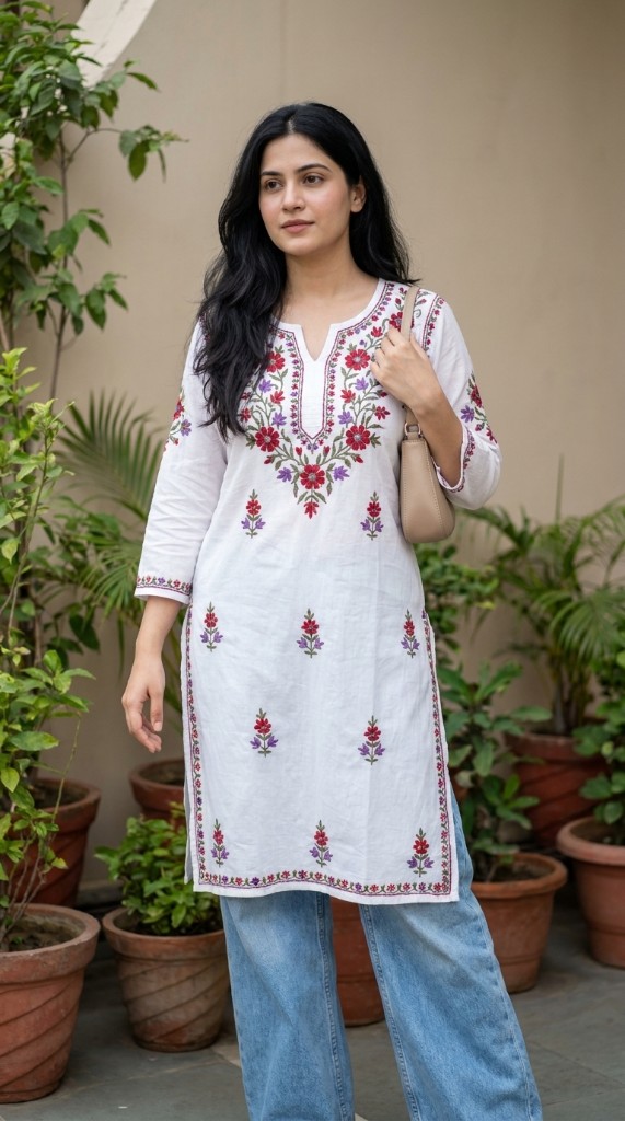 White embroidered kurti with jeans